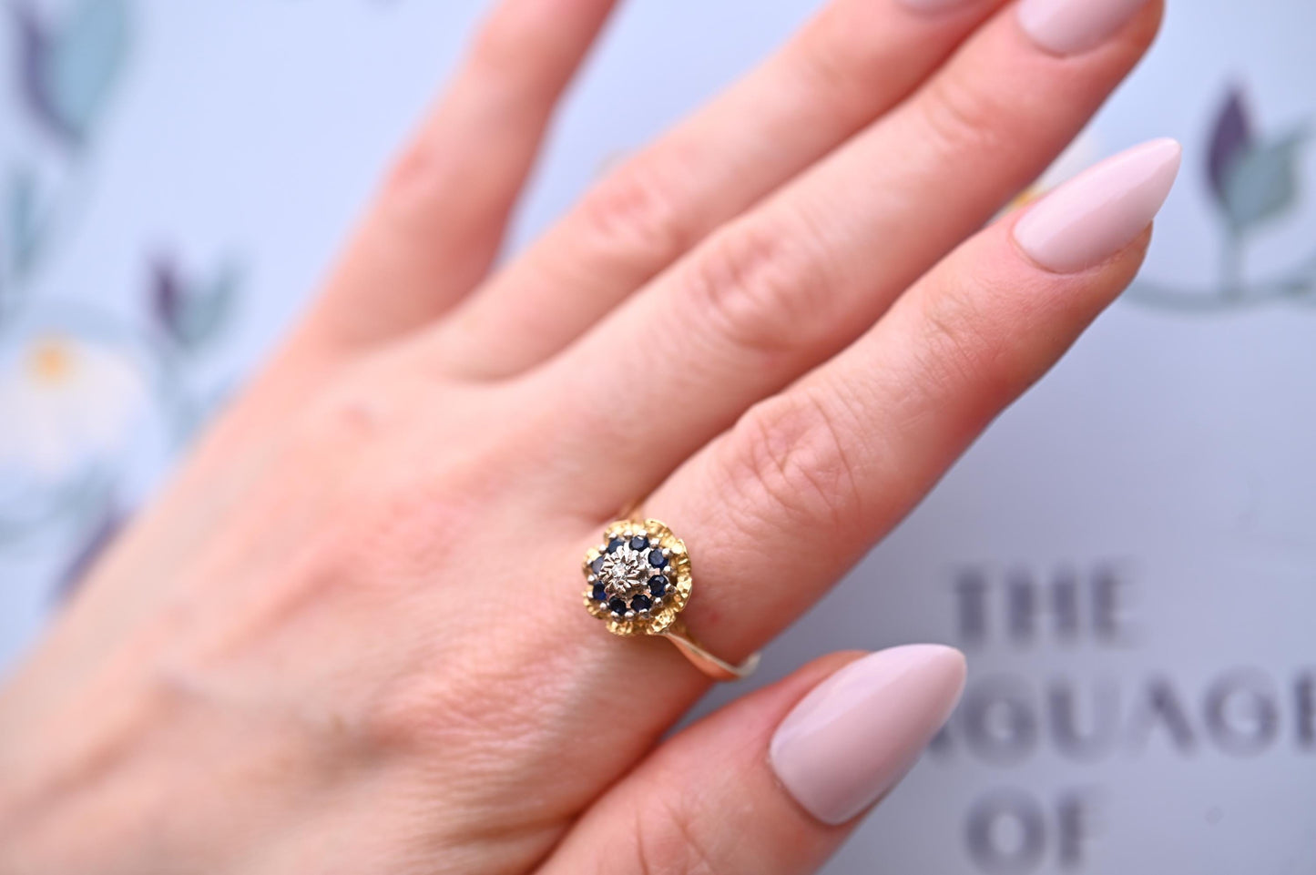 Vintage Mid-Century Sapphire and Diamond Ring, 18ct Yellow Gold Art Deco Floral  Jewellery, Ornate Unique Heirloom Jewelry, Blue Dress Ring