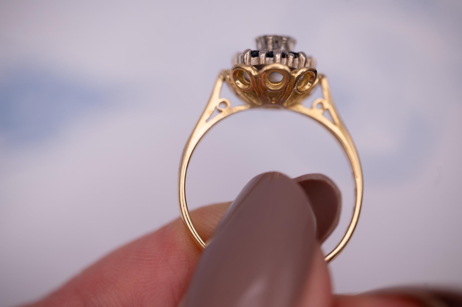 Vintage Mid-Century Sapphire and Diamond Ring, 18ct Yellow Gold Dainty Floral Jewellery, Ornate Unique Heirloom Jewelry, Blue Dress Ring