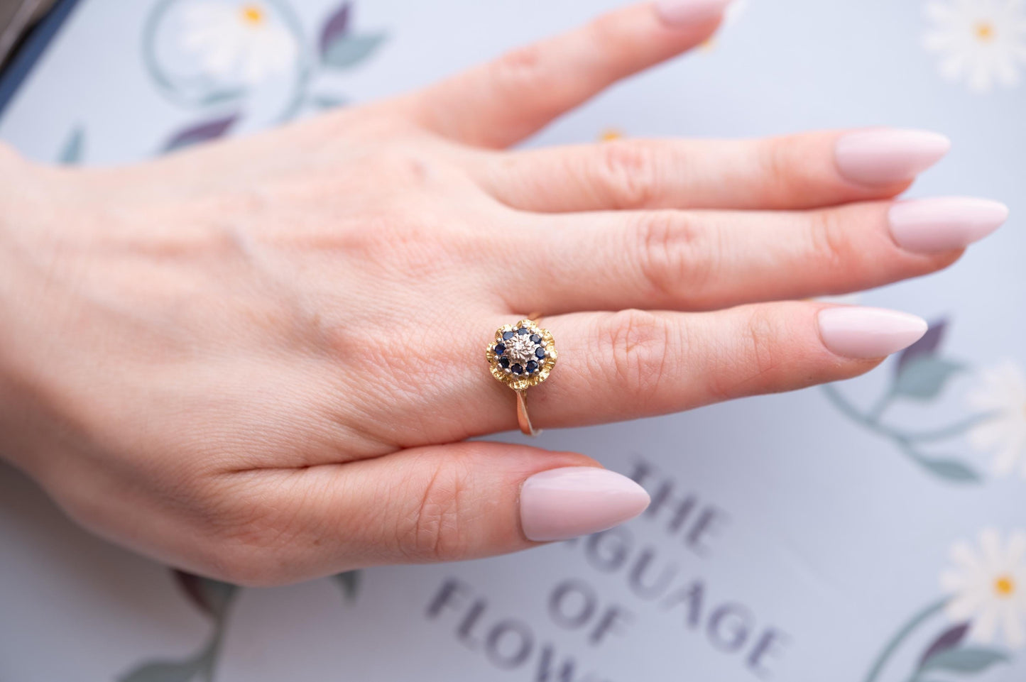 Vintage Mid-Century Sapphire and Diamond Ring, 18ct Yellow Gold Art Deco Floral Jewellery, Ornate Unique Heirloom Jewelry, Blue Dress Ring