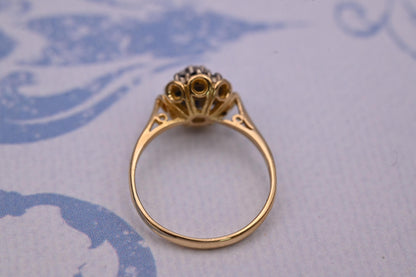 Vintage Mid-Century Sapphire and Diamond Ring, 18ct Yellow Gold Art Deco Floral Jewellery, Ornate Unique Heirloom Jewelry, Blue Dress Ring