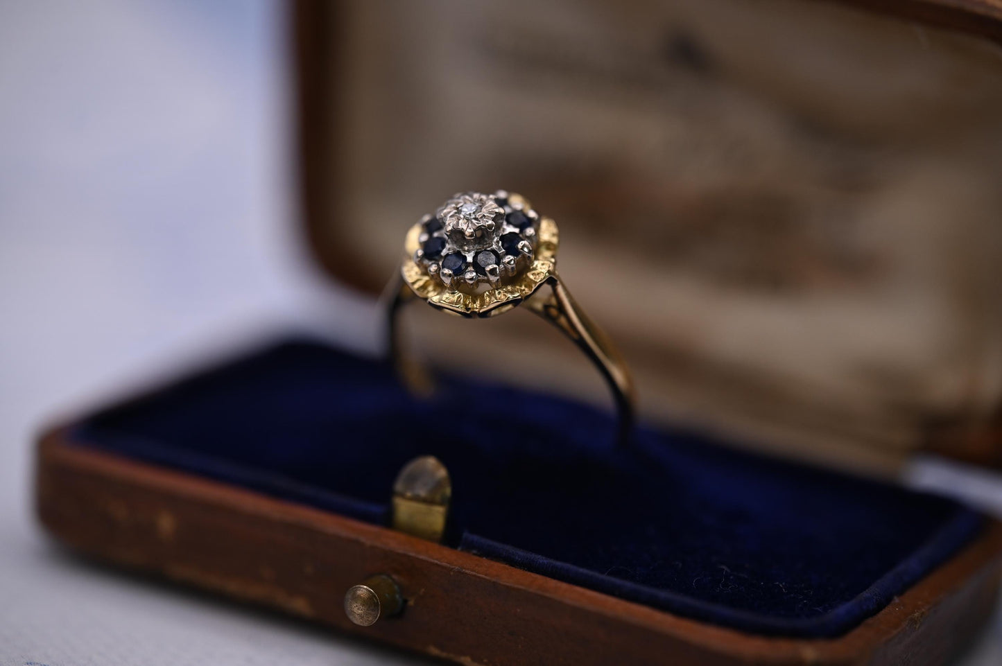 Vintage Mid-Century Sapphire and Diamond Ring, 18ct Yellow Gold Art Deco Floral  Jewellery, Ornate Unique Heirloom Jewelry, Blue Dress Ring