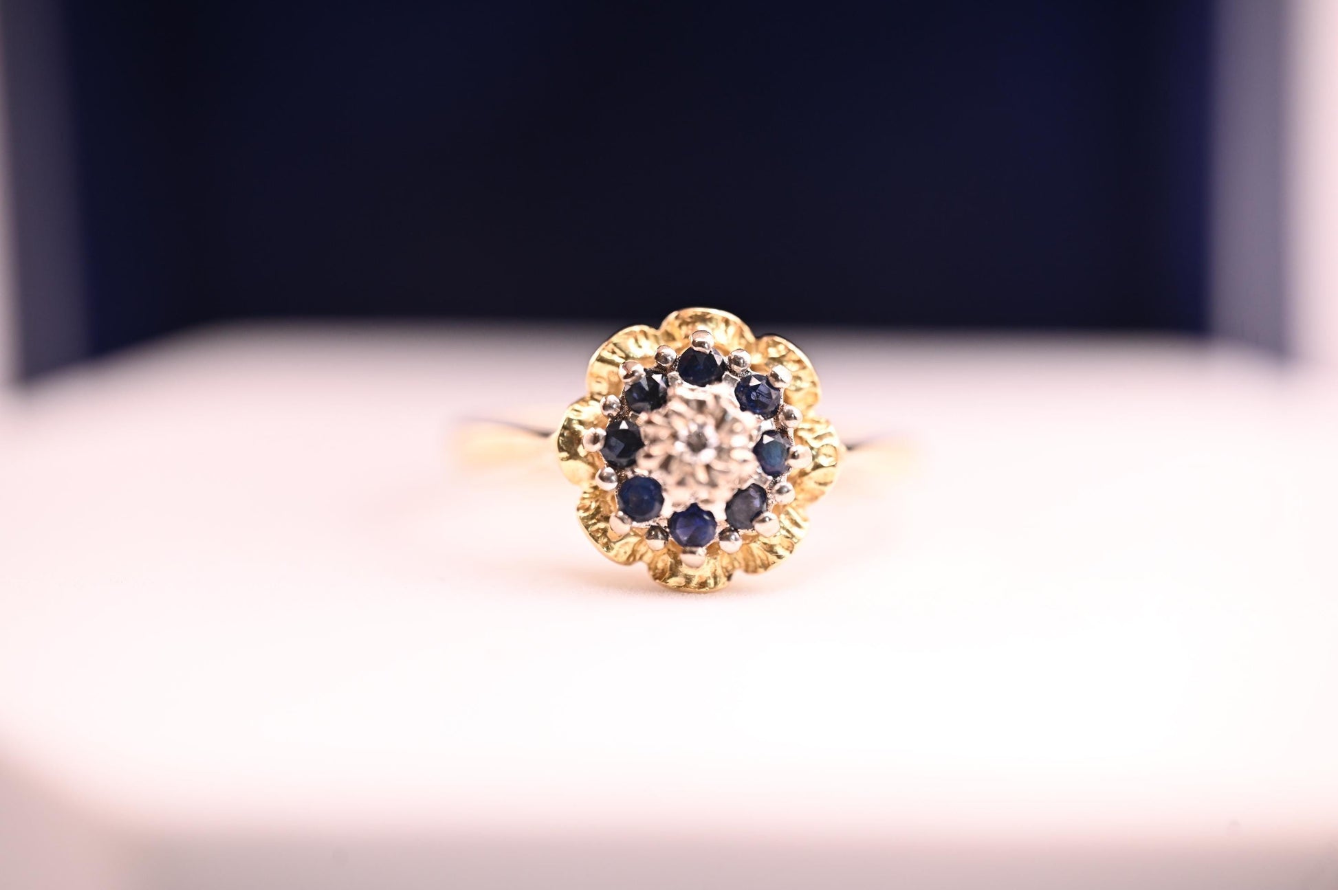 Vintage Mid-Century Sapphire and Diamond Ring, 18ct Yellow Gold Art Deco Floral Jewellery, Ornate Unique Heirloom Jewelry, Blue Dress Ring