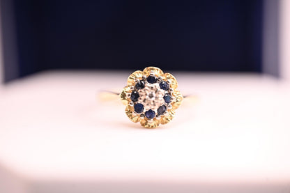 Vintage Mid-Century Sapphire and Diamond Ring, 18ct Yellow Gold Art Deco Floral Jewellery, Ornate Unique Heirloom Jewelry, Blue Dress Ring