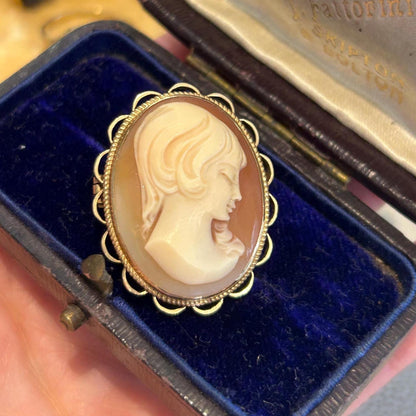 Vintage 9ct Gold Cameo Brooch, Pendant 9K Gold Genuine Cameo, Stunning Detail Lady, Unusual Cameo Jewellery, Birmingham Assayed Mid-Century