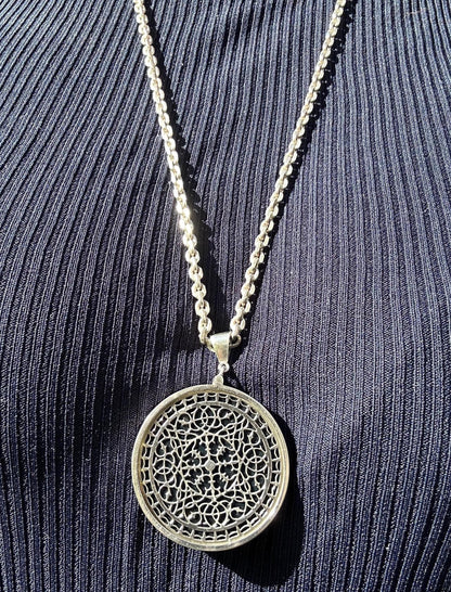Vintage Silver Medallion Necklace, Chunky Filigree Silver Onyx Retro Necklace, 24" Chunky Chain, 80s London Made Silver Jewelry, Rare Find.