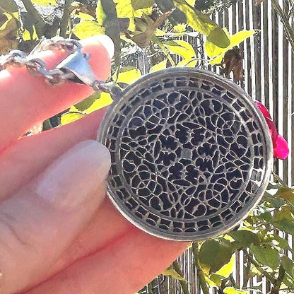 Vintage Silver Medallion Necklace, Chunky Filigree Silver Onyx Retro Necklace, 24" Chunky Chain, 80s London Made Silver Jewelry, Rare Find.
