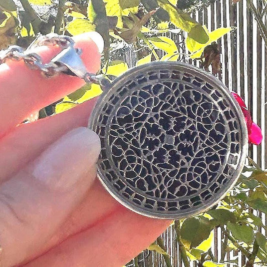 Vintage Silver Medallion Necklace, Chunky Filigree Silver Onyx Retro Necklace, 24" Chunky Chain, 80s London Made Silver Jewelry, Rare Find.