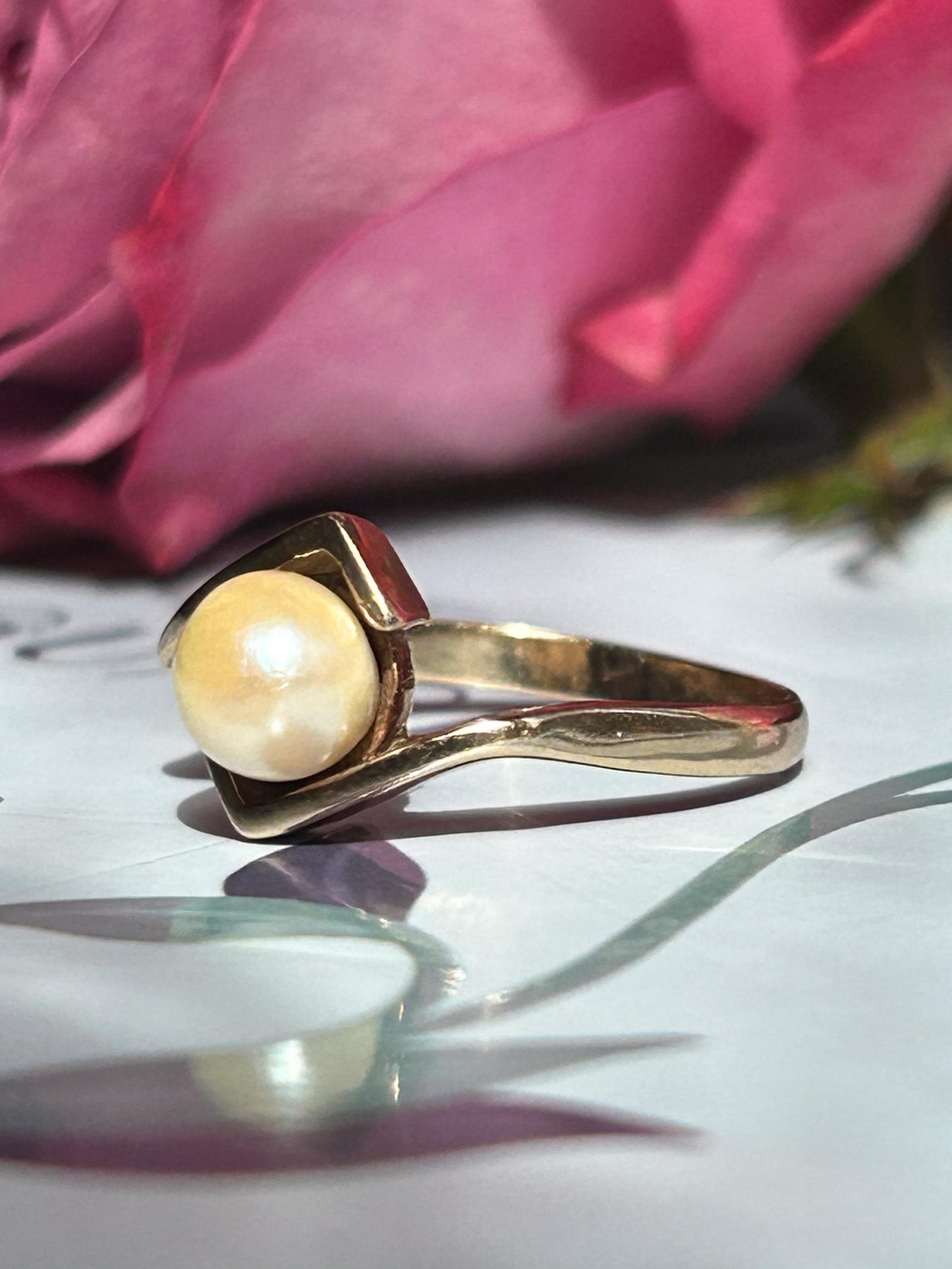 Vintage Champagne Pearl Ring, 9ct Yellow Gold, Mid-Century Jewelry, Size 8.5