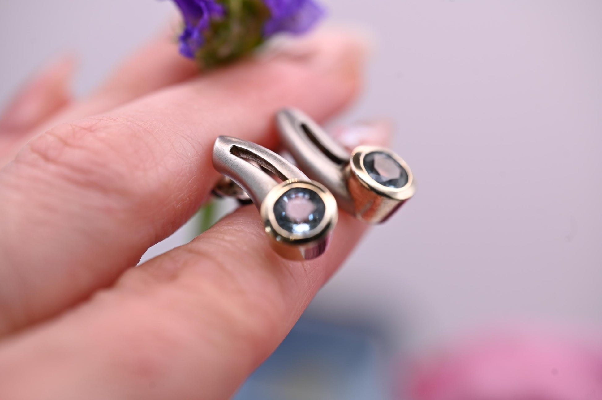 Vintage Aquamarine Sterling Silver Earrings, 9ct Gold and Silver Jewellery, Blue Stud Earrings, Unusual Jewelry, Mixed Metal Jewelry