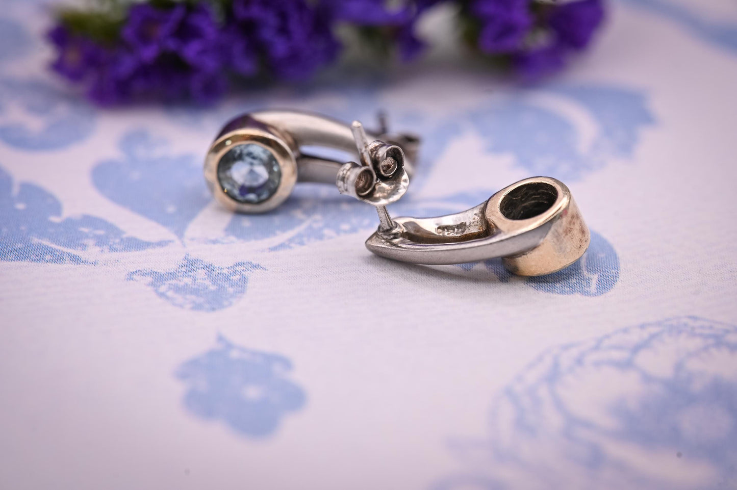 Vintage Aquamarine Sterling Silver Earrings, 9ct Gold and Silver Jewellery, Blue Stud Earrings, Unusual Jewelry, Mixed Metal Jewelry
