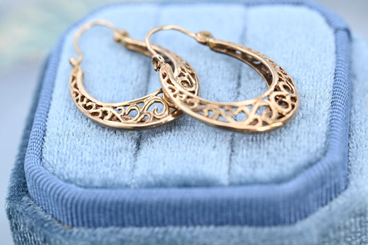 Vintage 9ct Gold Filigree Hoop Earrings | Medium Gold Hoops, Classic Retro Jewelry Gift, 9K Unusual Gold Earrings, Mid-Century Jewelry