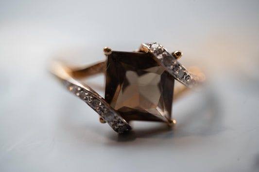 Vintage 9ct Gold Smokey Quartz Diamond Ring, UK Size P