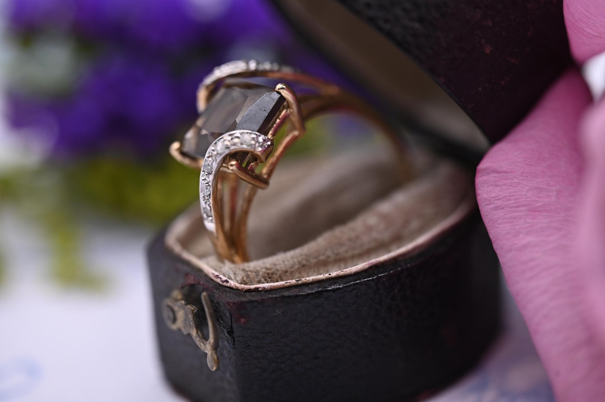 Vintage Smokey Quartz and Diamond Cocktail Ring 9ct Gold British Hallmarked, dress ring 9K unusual ring, English Jewelry Real Gold