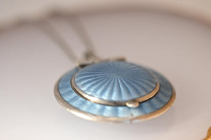 Antique French Real Silver Blue Guilloche Enamel Compact Pendant - Original Mirror: Circa 1890. Rare Item Antique Locket Silver - Collectors