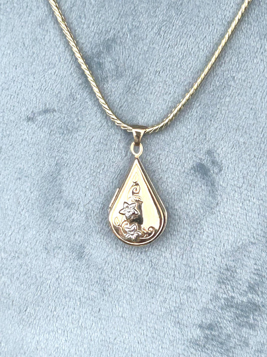 Vintage 90's Tear Drop Photo Locket Pendant, 9ct yellow and white gold - Birmingham Assayed, Dainty Photo Jewellery, Sentimental Gift