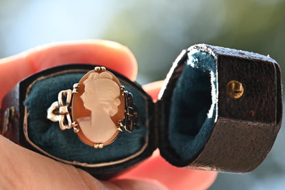 Victorian 9ct Yellow Gold Victorian Cameo Ring, Antique Jewelry - Bow Cameo Stunning Detail, Shell Cameo Ring Size R / 9