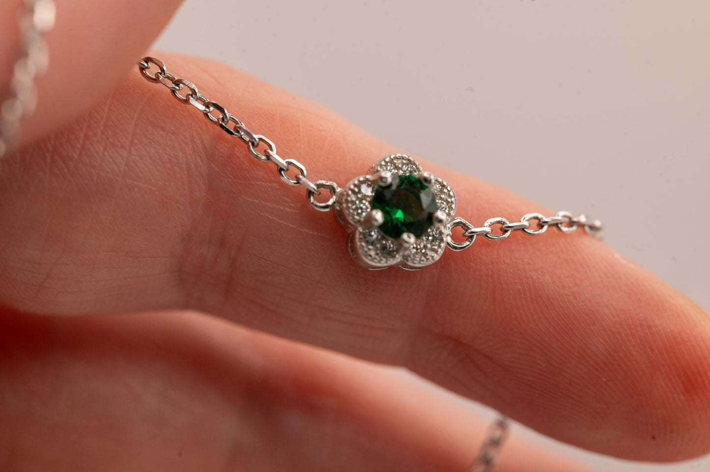 Sterling Silver Emerald Green Crystal Flower Charm Bracelet, Dainty Chain Bracelet with Flower, Stacking Bracelet Jewelry - May Birthstone