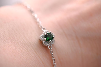 Sterling Silver Emerald Green Crystal Flower Charm Bracelet, Dainty Chain Bracelet with Flower, Stacking Bracelet Jewelry - May Birthstone