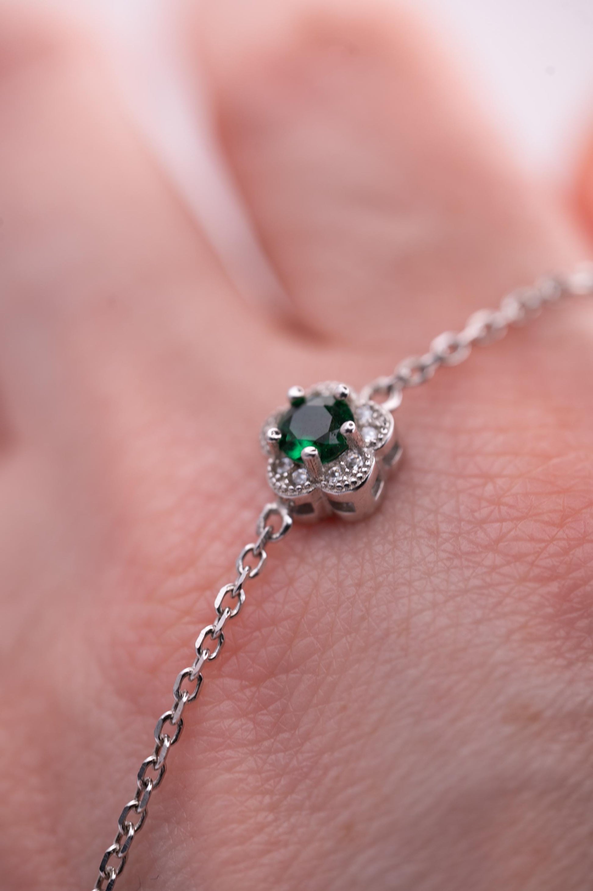 Sterling Silver Emerald Green Crystal Flower Charm Bracelet, Dainty Chain Bracelet with Flower, Stacking Bracelet Jewelry - May Birthstone