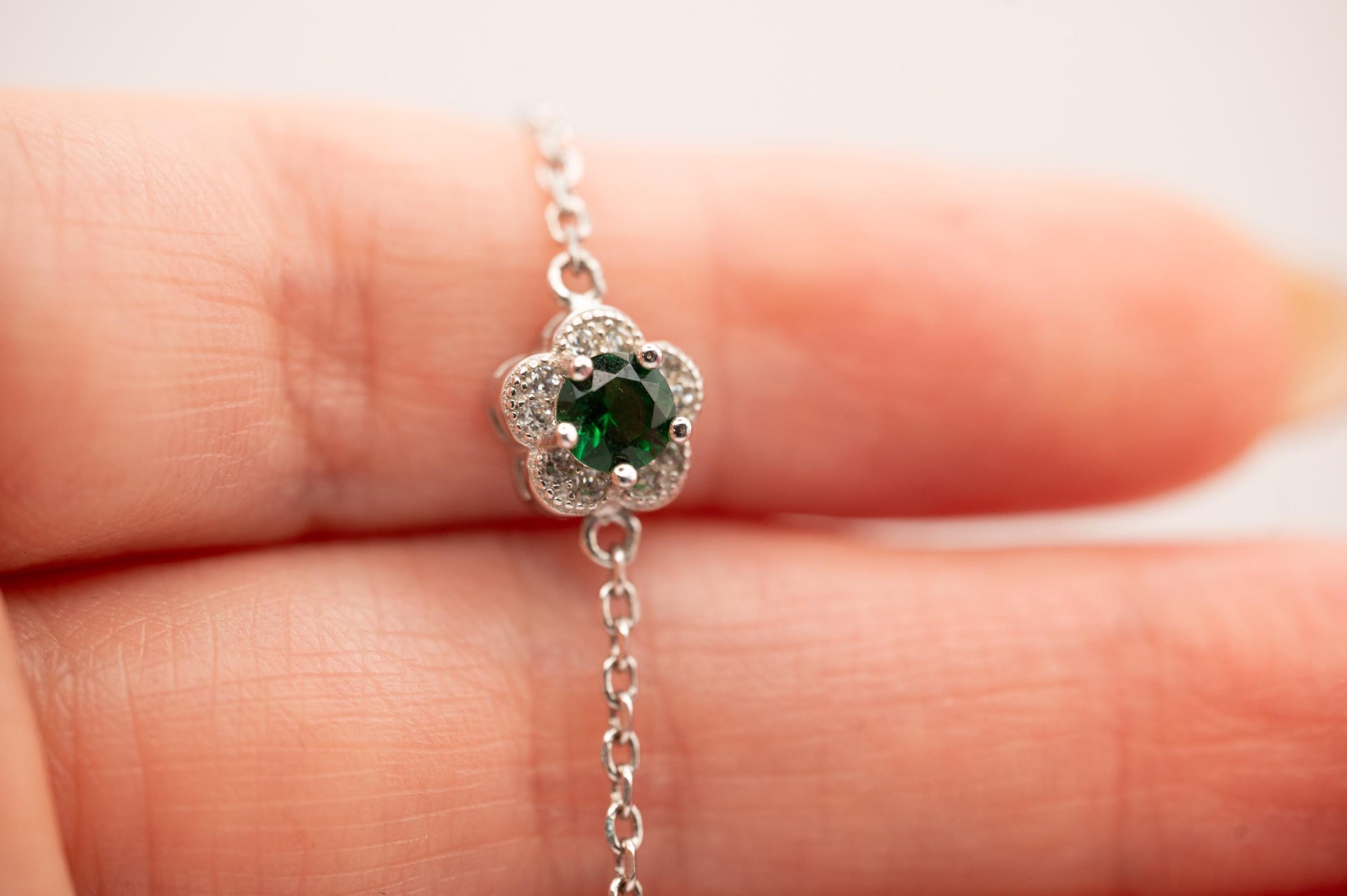 Sterling Silver Emerald Green Crystal Flower Charm Bracelet, Dainty Chain Bracelet with Flower, Stacking Bracelet Jewelry - May Birthstone