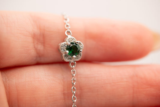 Sterling Silver Emerald Green Crystal Flower Charm Bracelet, Dainty Chain Bracelet with Flower, Stacking Bracelet Jewelry - May Birthstone