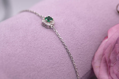 Sterling Silver Emerald Green Crystal Flower Charm Bracelet, Dainty Chain Bracelet with Flower, Stacking Bracelet Jewelry - May Birthstone