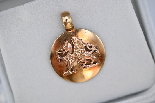 Vintage 9ct Heavy Wales Pendant, Welsh Dragon Medallion, Solid Gold Wales Cymru Statement Jewelley - Stunning Detail. Solid Yellow Gold 9k