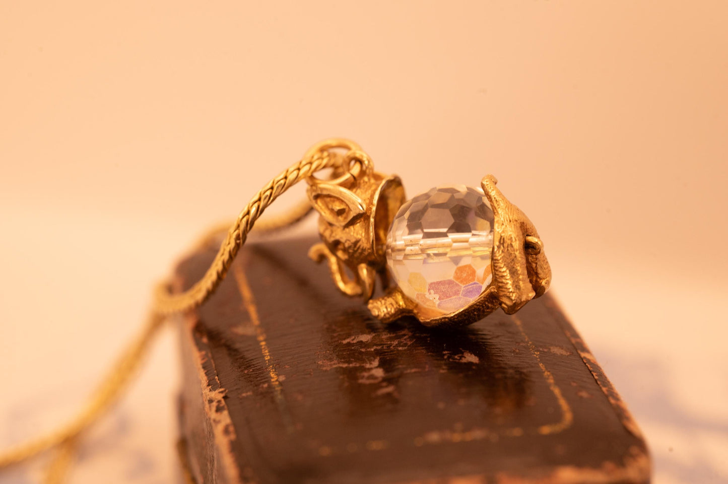 Mid-Century Vintage 9ct Solid Gold Elephant Crystal Charm, Unusual Animal Jewelry Pendant, 9k Elephant Bracelet Charm/ Pendant with Crystal