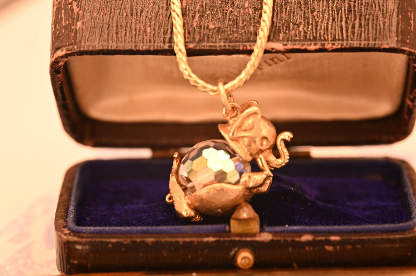 Mid-Century Vintage 9ct Solid Gold Elephant Crystal Charm, Unusual Animal Jewelry Pendant, 9k Elephant Bracelet Charm/ Pendant with Crystal