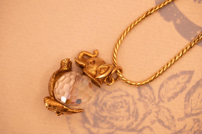 Mid-Century Vintage 9ct Solid Gold Elephant Crystal Charm, Unusual Animal Jewelry Pendant, 9k Elephant Bracelet Charm/ Pendant with Crystal