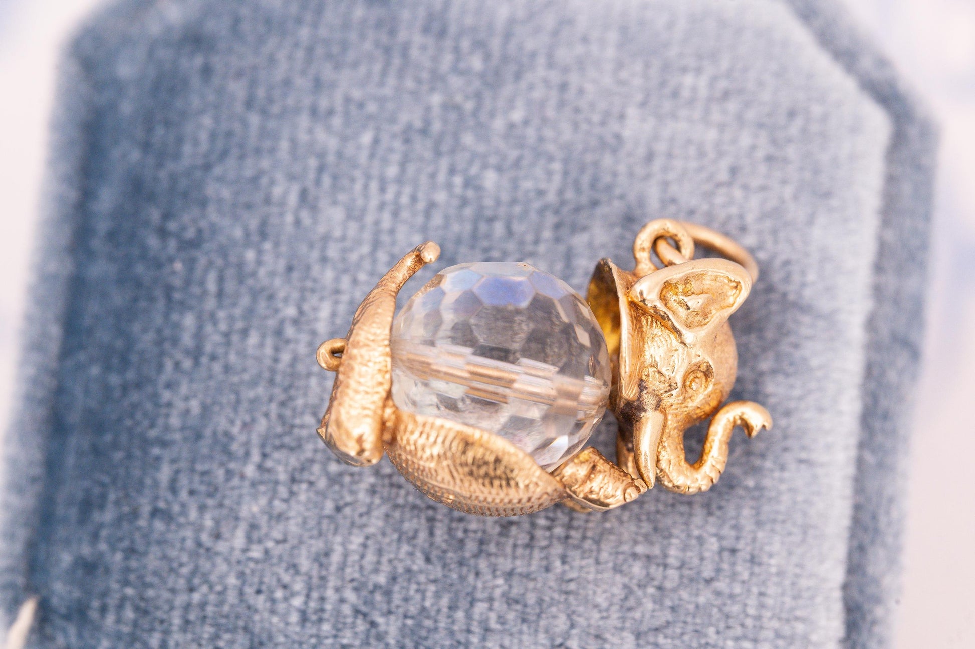 Mid-Century Vintage 9ct Solid Gold Elephant Crystal Charm, Unusual Animal Jewelry Pendant, 9k Elephant Bracelet Charm/ Pendant with Crystal