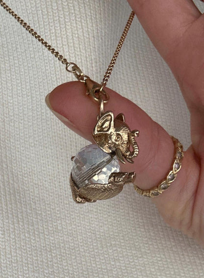 Mid-Century Vintage 9ct Solid Gold Elephant Crystal Charm, Unusual Animal Jewelry Pendant, 9k Elephant Bracelet Charm/ Pendant with Crystal