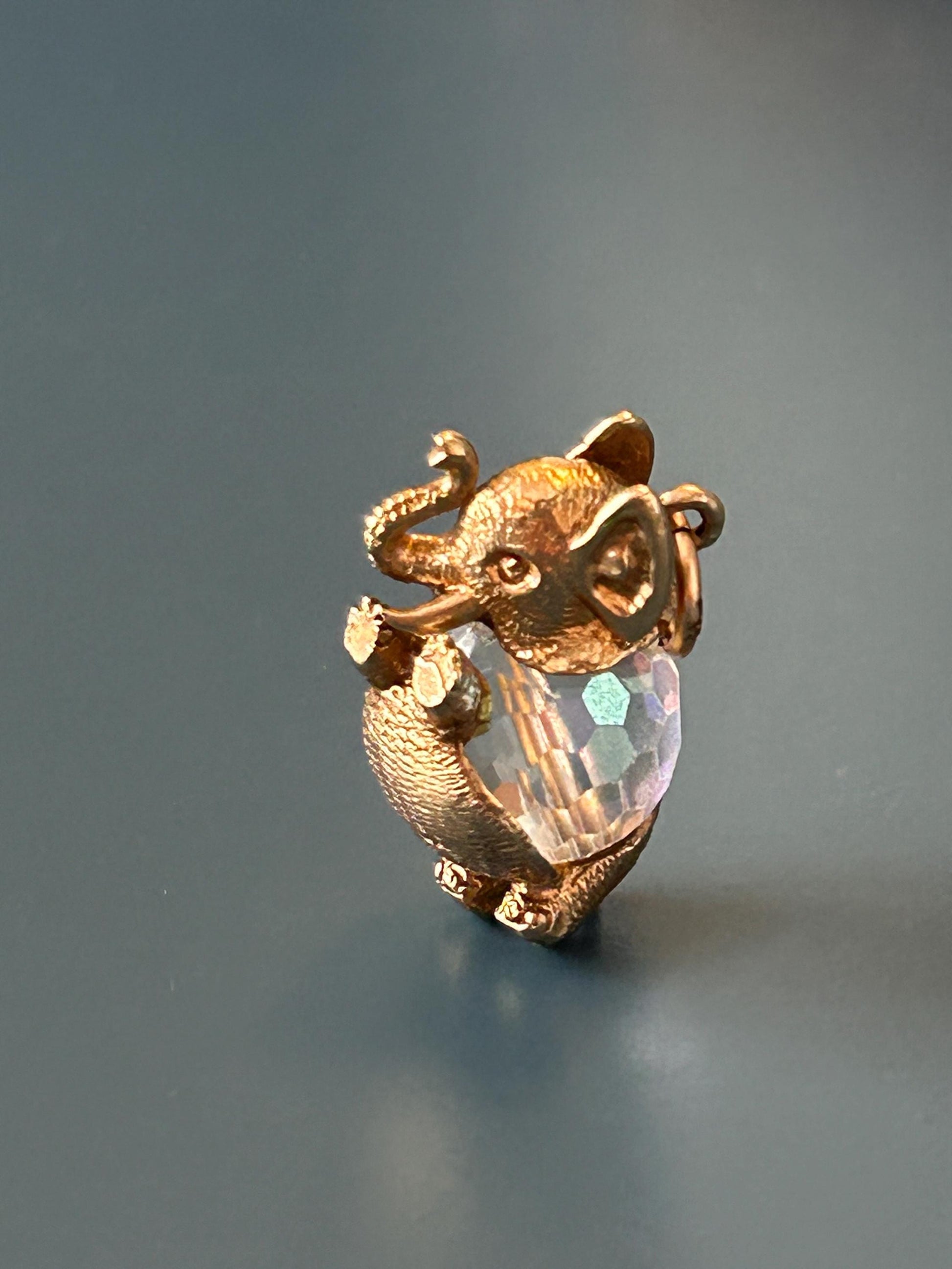 Mid-Century Vintage 9ct Solid Gold Elephant Crystal Charm, Unusual Animal Jewelry Pendant, 9k Elephant Bracelet Charm/ Pendant with Crystal