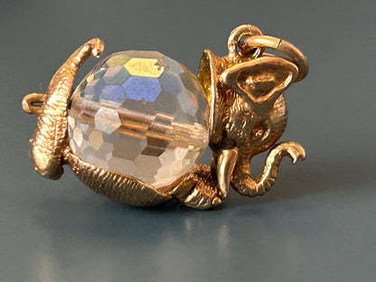 Mid-Century Vintage 9ct Solid Gold Elephant Crystal Charm, Unusual Animal Jewelry Pendant, 9k Elephant Bracelet Charm/ Pendant with Crystal