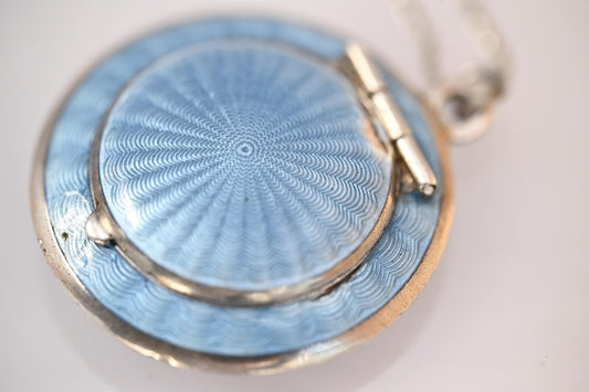 Antique French Real Silver Blue Guilloche Enamel Compact Pendant - Original Mirror: Circa 1890. Rare Item Antique Locket Silver - Collectors