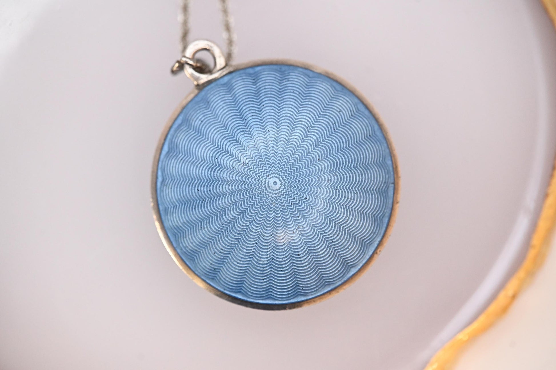 Antique French Real Silver Blue Guilloche Enamel Compact Pendant - Original Mirror: Circa 1890. Rare Item Antique Locket Silver - Collectors