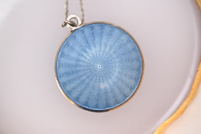 Antique French Real Silver Blue Guilloche Enamel Compact Pendant - Original Mirror: Circa 1890. Rare Item Antique Locket Silver - Collectors