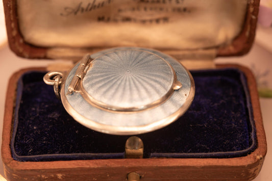 Antique French Real Silver Blue Guilloche Enamel Compact Pendant - Original Mirror: Circa 1890. Rare Item Antique Locket Silver - Collectors