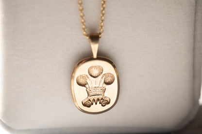 Mid-Century 9ct Gold Welsh Feathers Pendant – Solid Gold Cushion-Cut Design, Pebbled Reverse & Thick Bail, Heavy Wales 9k Gold Pendant