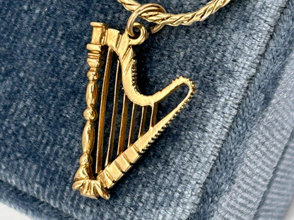 Mid-Century vintage 9ct Gold Harp Musical Instrument Charm/ 9k Dainty Music Pendant/ 9ct Bracelet Charm Collectors Jewelry