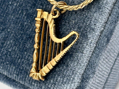 Mid-Century vintage 9ct Gold Harp Musical Instrument Charm/ 9k Dainty Music Pendant/ 9ct Bracelet Charm Collectors Jewelry