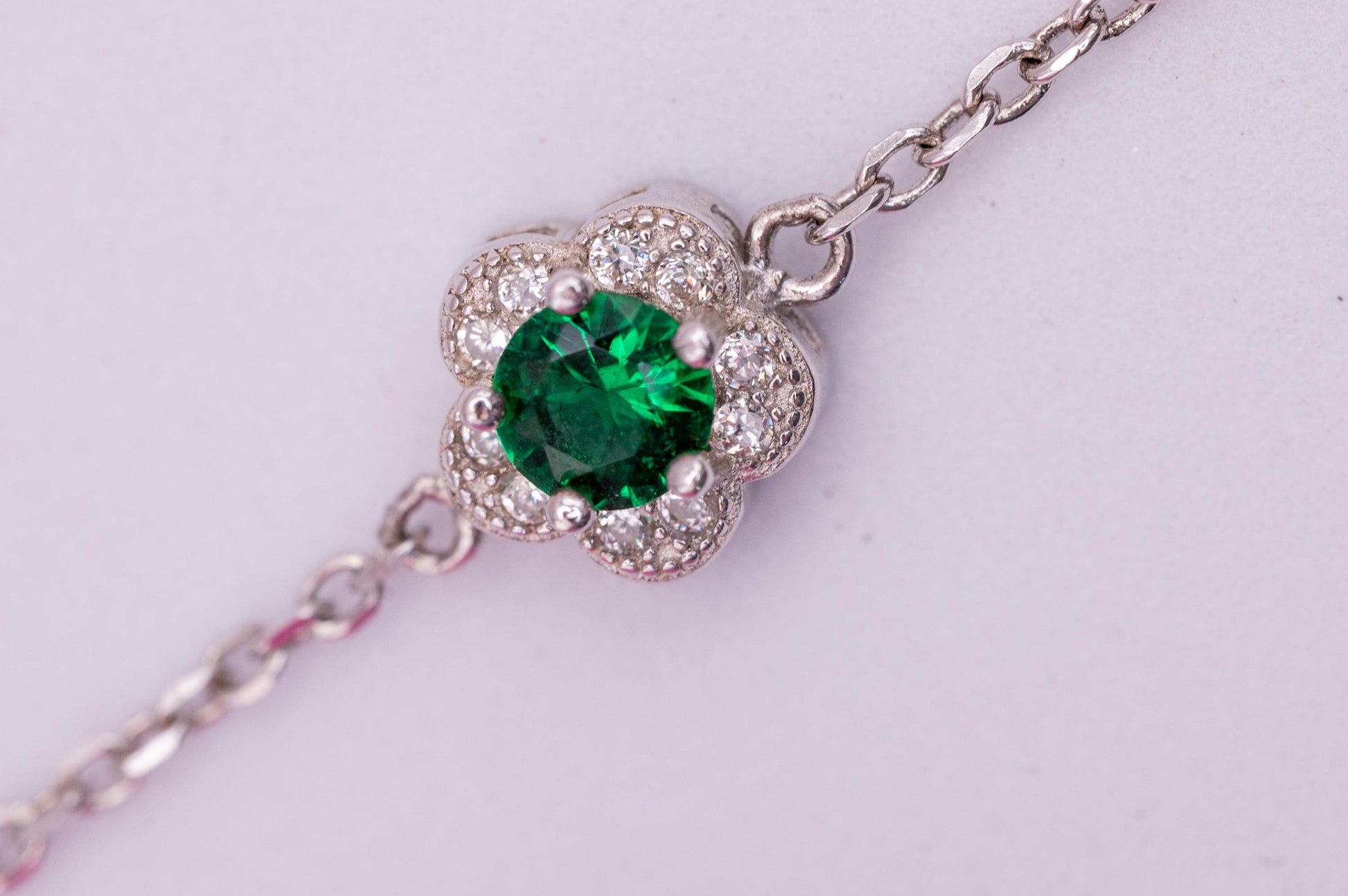 Sterling Silver Emerald Green Crystal Flower Charm Bracelet, Dainty Chain Bracelet with Flower, Stacking Bracelet Jewelry - May Birthstone