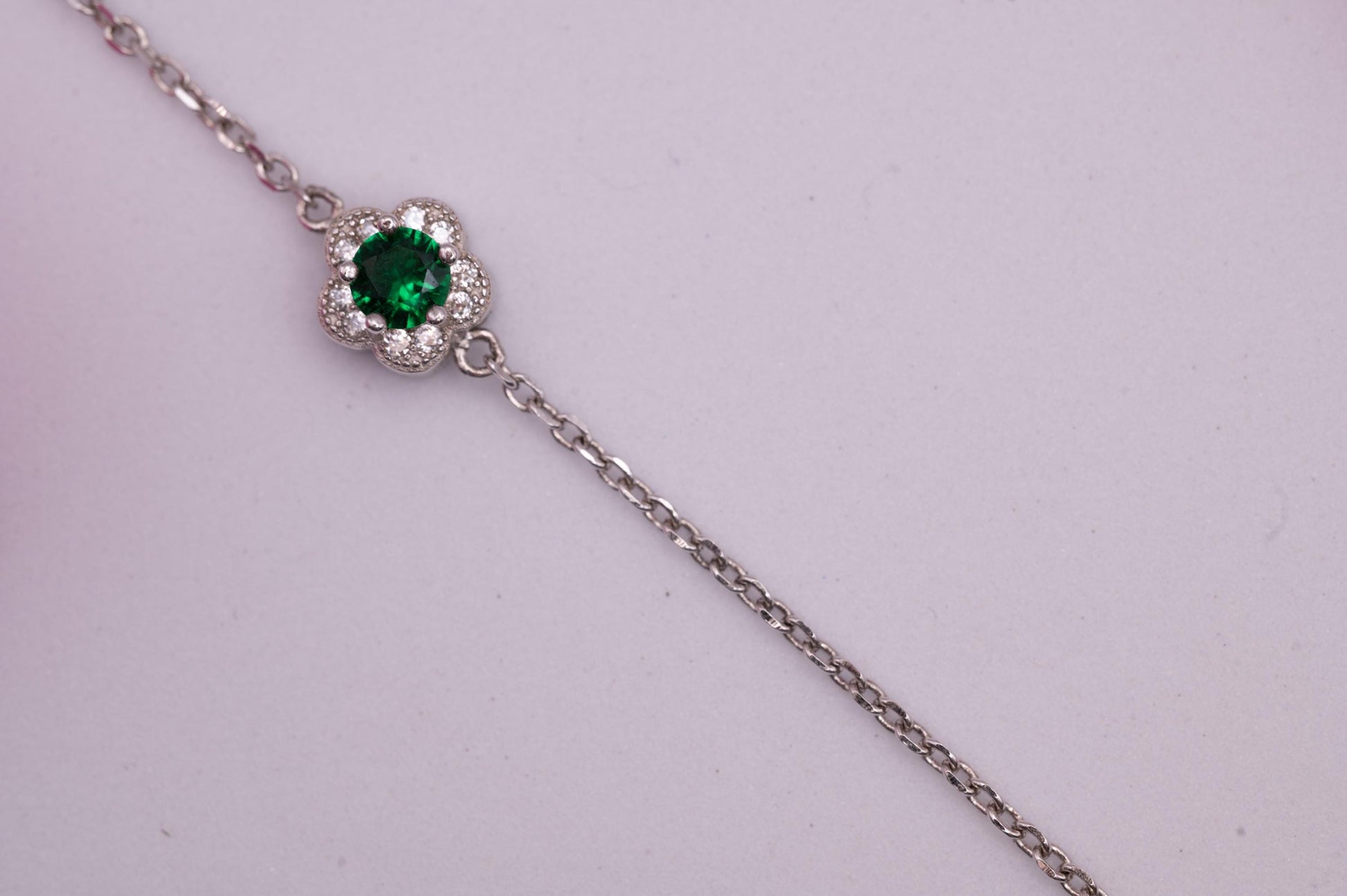 Sterling Silver Emerald Green Crystal Flower Charm Bracelet, Dainty Chain Bracelet with Flower, Stacking Bracelet Jewelry - May Birthstone