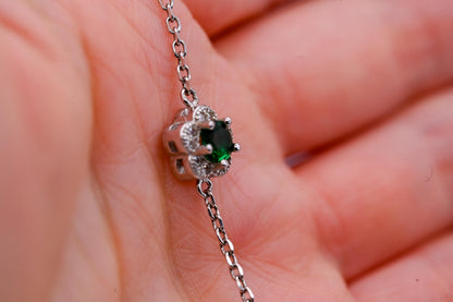 Sterling Silver Emerald Green Crystal Flower Charm Bracelet, Dainty Chain Bracelet with Flower, Stacking Bracelet Jewelry - May Birthstone