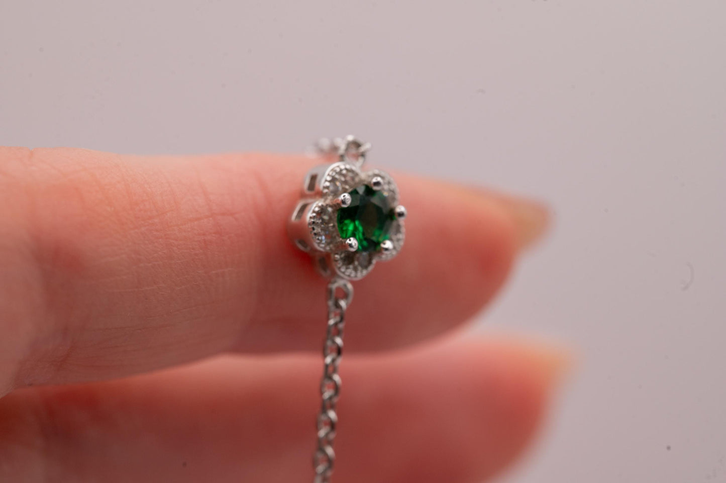 Sterling Silver Emerald Green Crystal Flower Charm Bracelet, Dainty Chain Bracelet with Flower, Stacking Bracelet Jewelry - May Birthstone