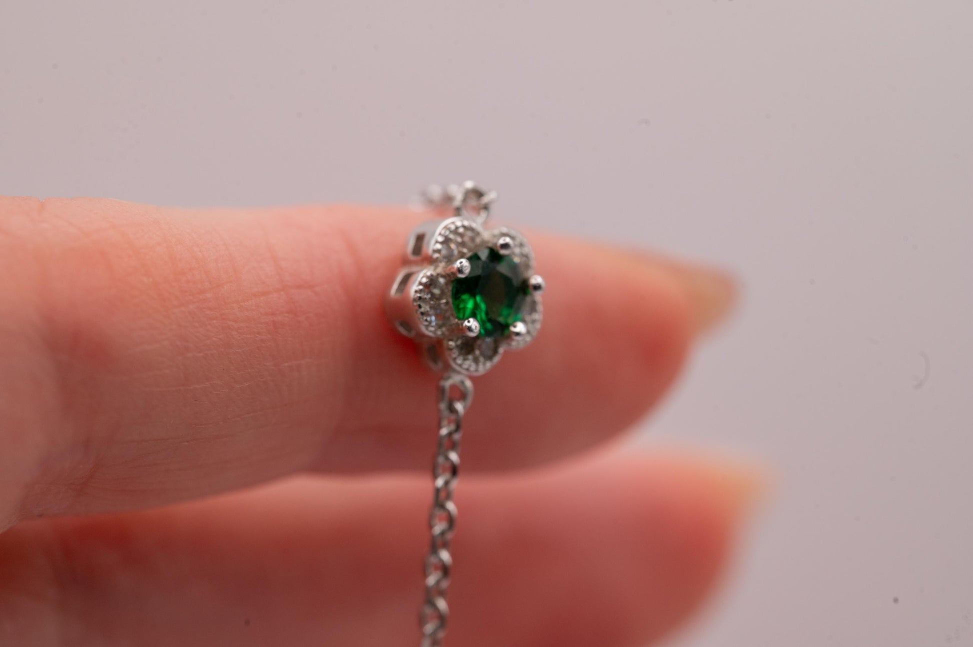 Sterling Silver Emerald Green Crystal Flower Charm Bracelet, Dainty Chain Bracelet with Flower, Stacking Bracelet Jewelry - May Birthstone