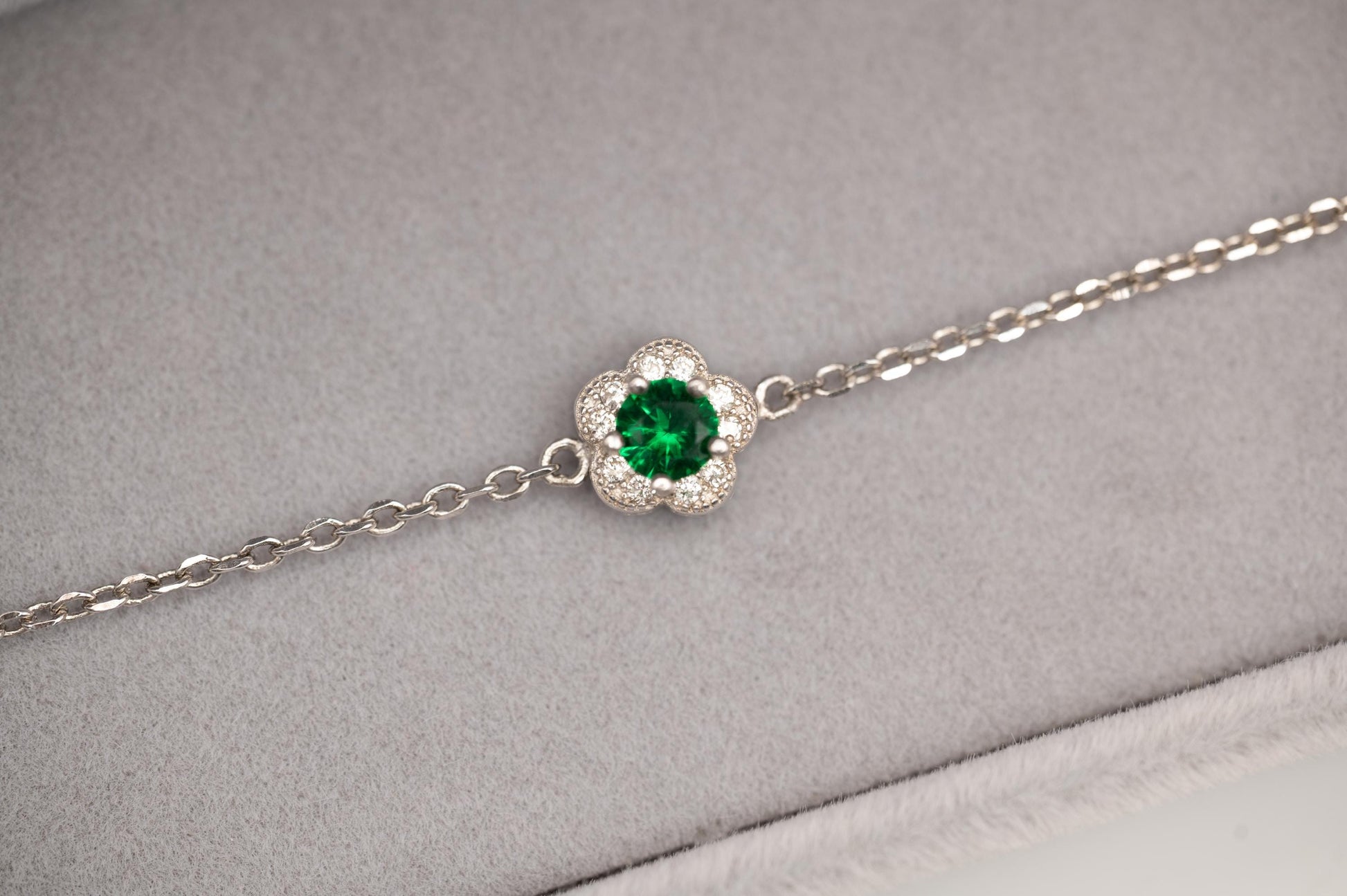 Sterling Silver Emerald Green Crystal Flower Charm Bracelet, Dainty Chain Bracelet with Flower, Stacking Bracelet Jewelry - May Birthstone