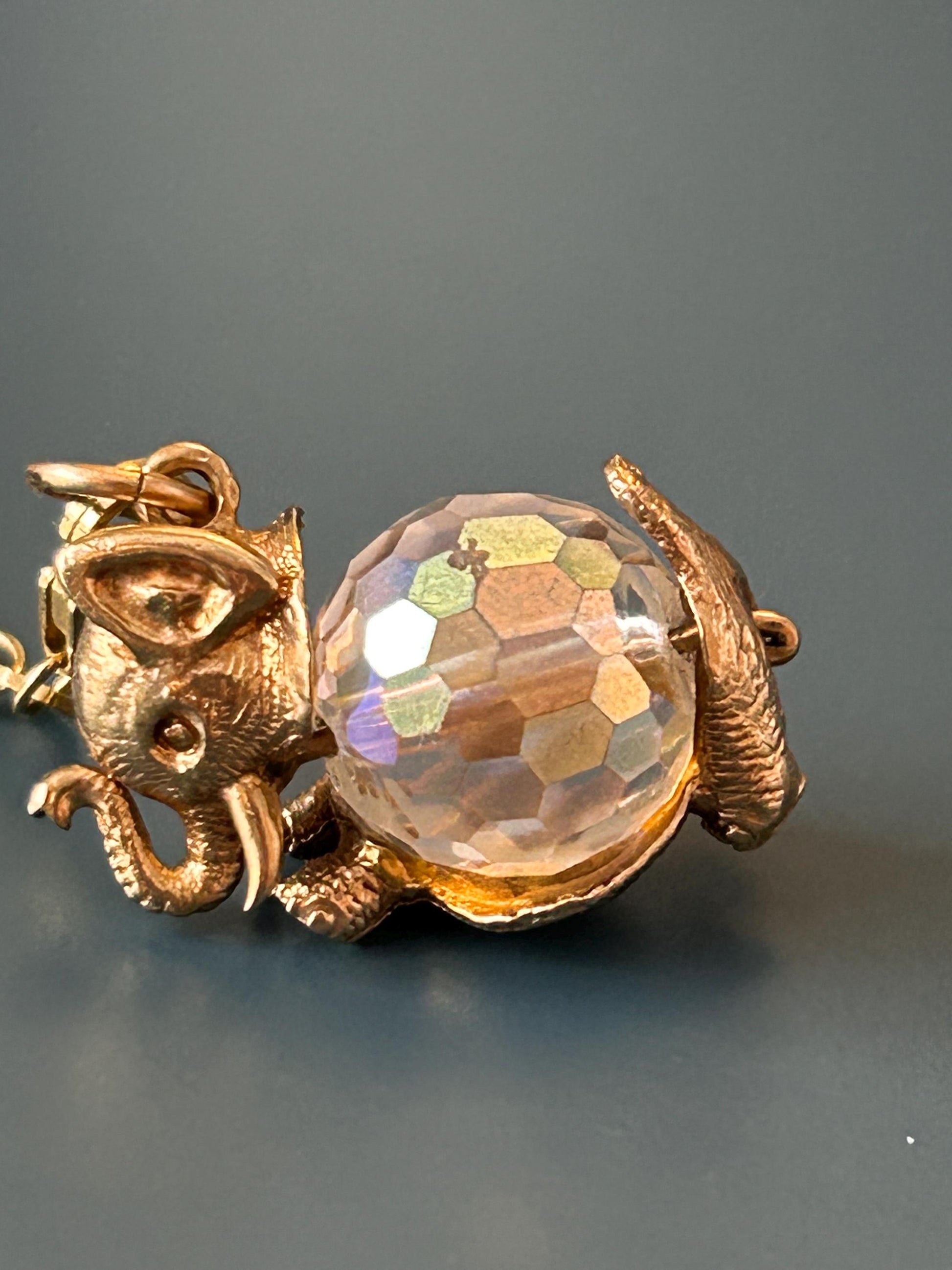 Mid-Century Vintage 9ct Solid Gold Elephant Crystal Charm, Unusual Animal Jewelry Pendant, 9k Elephant Bracelet Charm/ Pendant with Crystal