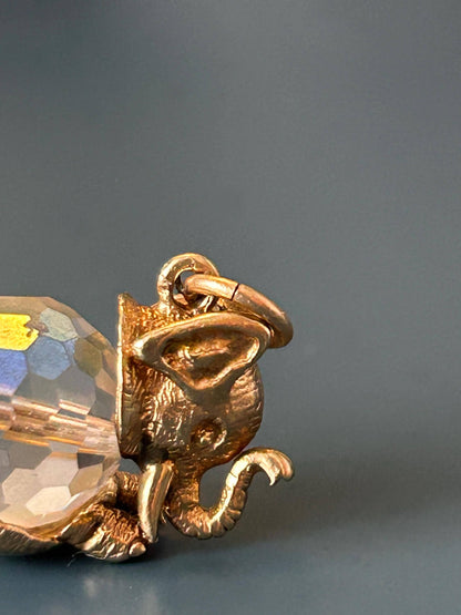 Mid-Century Vintage 9ct Solid Gold Elephant Crystal Charm, Unusual Animal Jewelry Pendant, 9k Elephant Bracelet Charm/ Pendant with Crystal