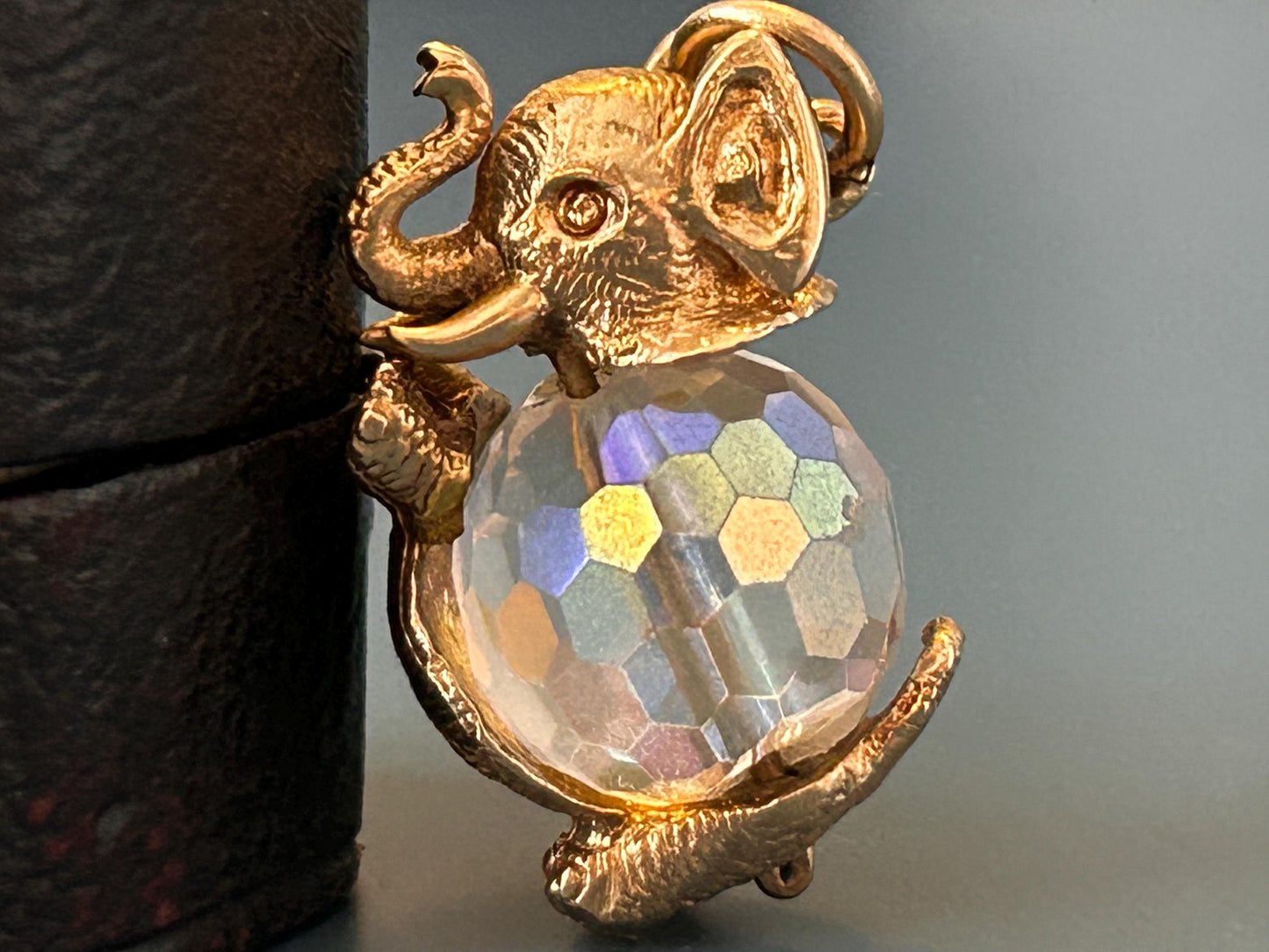 Mid-Century Vintage 9ct Solid Gold Elephant Crystal Charm, Unusual Animal Jewelry Pendant, 9k Elephant Bracelet Charm/ Pendant with Crystal